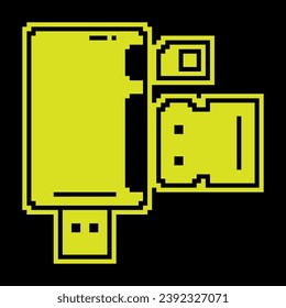 Pixel silhouette icon. Adapter for connecting external carriers of digital information. Simple black and yellow vector isolated