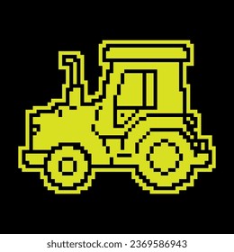 Pixel silhouette icon. Agricultural tractor. Transport and equipment for transporting agricultural products on field. Simple black and yellow vector isolated on black background