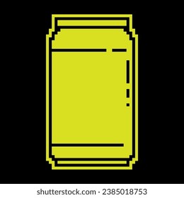 Pixel silhouette icon, aluminum can for soft drinks. Storing cocktails and soda in jar. Simple black and yellow vector isolated