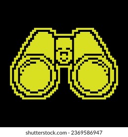Pixel silhouette icon, binoculars look ahead. Search for objects in area. Simple black and yellow vector isolated on black background