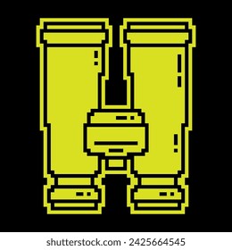 Pixel silhouette icon, binoculars to observe distant objects. Equipment for campaigns and military operations. Simple black and yellow vector isolated