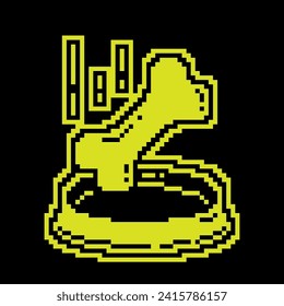 Icono de silueta de píxeles. El hueso cae en el tazón del perro. Comida y tratamientos para mascotas. Vector simple negro y amarillo aislado