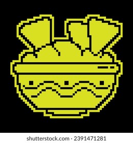 Pixel silhouette icon, bowl of spicy mexican guacamole sauce. Spicy chips, appetizer for main course. Simple black and yellow vector isolated