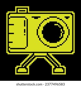 Icono de silueta de píxeles. cámara en stand, equipo para fotografía y selfie. Día Mundial de la Fotografía: 19 de Agosto. Vector simple negro y amarillo