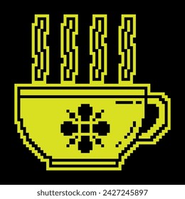 Pixel silhouette icon. Coffee cup with hot drink and steam. Morning invigorating tea for good mood. Simple black and yellow vector isolated