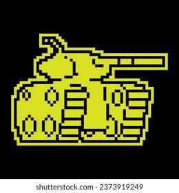Pixel silhouette icon, combat army track tank with long barrel for firing projectiles at enemy. Heavy artillery equipment