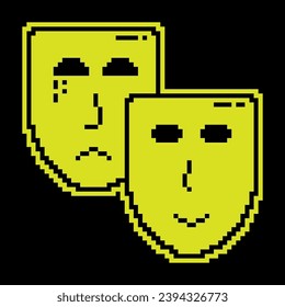 Pixel silhouette icon. comedy and tragic theatrical masks together. Theatrical premieres, circus poster. Simple black and yellow vector isolated