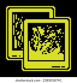 Pixel silhouette icon. Couple of snapshots. Photos of significant events and attractions. Simple black and yellow vector