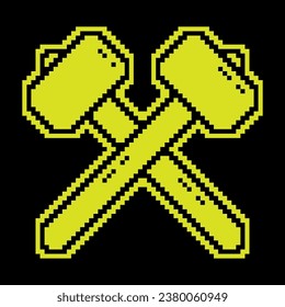 Pixel silhouette icon, crossed hammers. Blacksmith craft, production of metal products. Simple black and yellow vector isolated