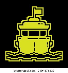 Pixel silhouette icon. Cruise ship for ocean voyages around the world. Multi deck liner for sea recreation. Simple black and yellow vector isolated