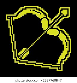 Icono de silueta de píxeles. Arco cupido con título estirado y flecha con punta de flecha con forma de corazón. Día de San Valentín 14 de febrero. Vector simple negro y amarillo aislado