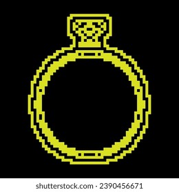 Pixel Silhouette Symbol. Diamantring mit großem Edelstein. Kostspieliges Urlaubserlebnis für Mädchen zum Geburtstag oder Valentinstag. Einfache schwarz-gelbe Vektorgrafik einzeln