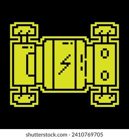 Pixel silhouette icon. Electric vehicle platform. Electric vehicle chassis with batteries. Simple black and yellow vector isolated