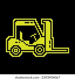 Pixel silhouette icon. Forklift to move goods around the warehouse. Transport for unloading and transporting heavy boxes. Simple black and yellow vector isolated