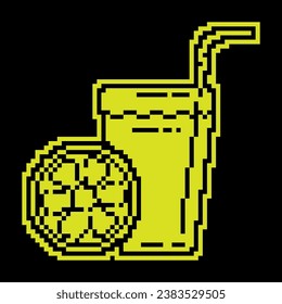 Pixel silhouette icon. Glass of refreshing citrus juice with straw and orange slice. Refreshing drinks in summer heat. Simple black and yellow vector isolated
