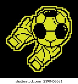 Pixel silhouette icon. Goalkeeper gloved hands catch flying soccer ball. Football goalie gear to protect football goals. Simple black and yellow vector isolated