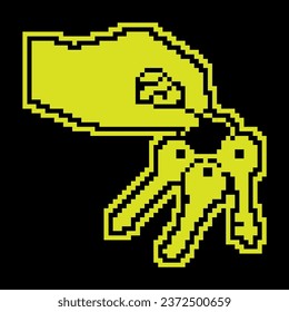 Pixel silhouette icon. Hand of admin holds bunch of metal key of lock. Solving complex business issues on way to success. Simple black and yellow vector isolated