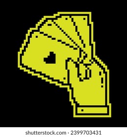 Pixel silhouette icon. Hand holds playing cards. Professional gambling poker in casino. Simple black and yellow vector isolated