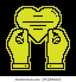 Pixel silhouette icon. Hands hold heart shaped greeting card for holiday on Valentine Day. Simple black and yellow vector isolated