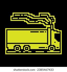 Pixel silhouette icon. Heavy construction equipment truck, garbage truck in linear. Industrial machinery and equipment. Simple black and yellow vector isolated