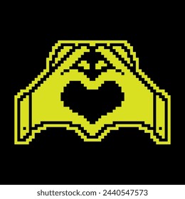 Pixel silhouette icon. Human hands join fingers in shape of heart. Gesture of friendliness and love. Simple black and yellow vector isolated