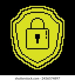 Pixel silhouette icon. Locked padlock on background of shield. Reliable secure storage of information and property. Simple black and yellow vector isolated