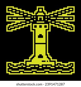 Pixel silhouette icon. Marine coastal lighthouse. Safe route in shipping area. Simple black and yellow vector