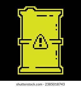 Pixel silhouette icon, metal barrel with danger sign. Storage and disposal of hazardous substances. Simple black and yellow vector isolated