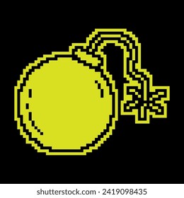 Pixel silhouette icon. Metallic round bomb with wick. Offensive and defensive weapons. Simple black and yellow vector isolated