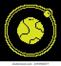 Pixel silhouette icon. Moon rotates in orbit around planet Earth. Satellite of planet. Astronomy and astrology. Space exploration. Simple black and yellow vector
