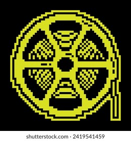 Pixel silhouette icon. Reel with old 35 mm photo film. World cinema day December 28th. Simple black and yellow vector