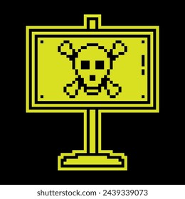 Pixel silhouette icon, sign plate with skull and crossbones. Hazard symbol, minefield designation. Simple black and yellow vector isolated