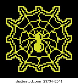 Pixel silhouette icon. Spider web withblack spider in center. Design element for Halloween. Simple black and yellow vector isolated