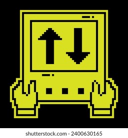 Pixel silhouette icon. Sports match referee hand showing electronic scoreboard for player substitution. Simple black and yellow vector isolated