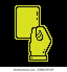 Pixel silhouette icon. Sports referee hand showing card for player breaking rules. Sports team game of soccer, football. Simple black and yellow vector isolated