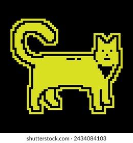 Pixel-Silhouetten-Symbol. Stehende Katze drehte den Kopf und wartet auf seine Besitzerin. Silhouette der Hauskatze, Haustiere. Einfacher schwarzer und gelber Vektor isoliert