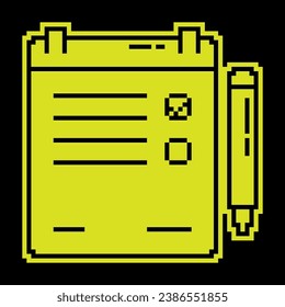 Pixel silhouette icon. Tablet with clip for sheet of paper. Tablet for keeping list, list of important things to do. Completing assignments. Simple black and yellow vector
