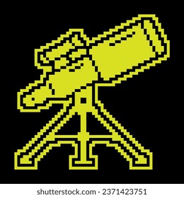Pixel silhouette icon. Telescope for observing space, stars and planets of solar system. Space exploration. Simple black and yellow vector