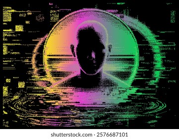 Pixel silhouette of a man with his face in shadow. Abstract futuristic vector illustration with glitch art elements in neon holographic colors.