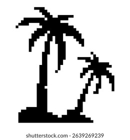 Pixel silhouette palm tree icon vector for tropical motifs in a minimalist, pixelated style. It's ideal for travel themes, retro games, or beach-inspired digital designs.