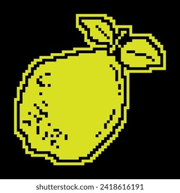 Pixel silhouette pear icon, quince fruit. Exotic fruit. Simple black and yellow vector isolated