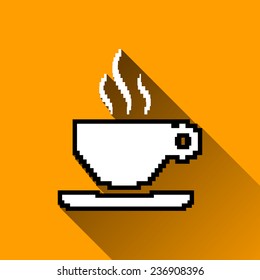 Pixel Simple Coffee Cup Icon, Long Shadows, Vector Illustration