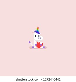Pixel sit unicorn hugging a red heart.Valentine.8bit.