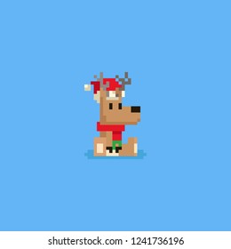 Pixel sitting deer with christmas hat and red scarf.Christmas.8bit.