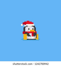 Pixel sitting penguin with santa hat and red scarf.Christmas.8bit.
