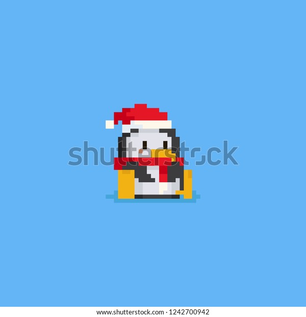 Pixel Sitting Penguin Santa Hat Red Stock Vector Royalty Free