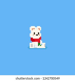 Pixel Sitting Polar Bear With Red Scarf,Christmas.8bit.