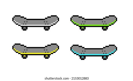 Pixel skateboards. Sports skateboard for fun and extreme sports. Active skateboarding in city and in nature with 8bit resolution for vector game