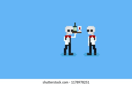 Pixel skeleton waiter.8bit halloween character.
