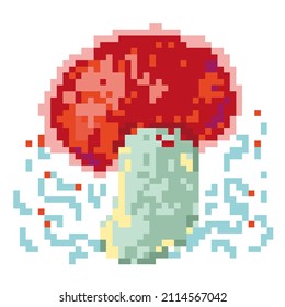 Pixel sketch art illustration with mushroom. Pixel drawing.